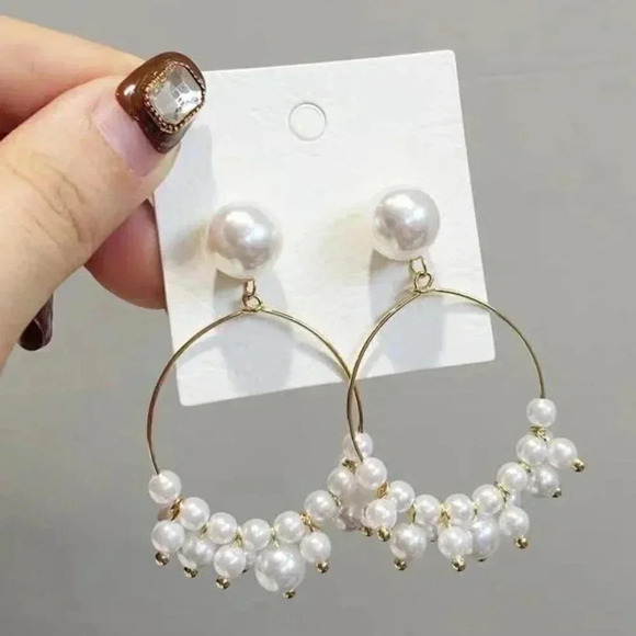 Faux Pearl Beaded Hoop Earrings White and Gold - Picture 1 of 5